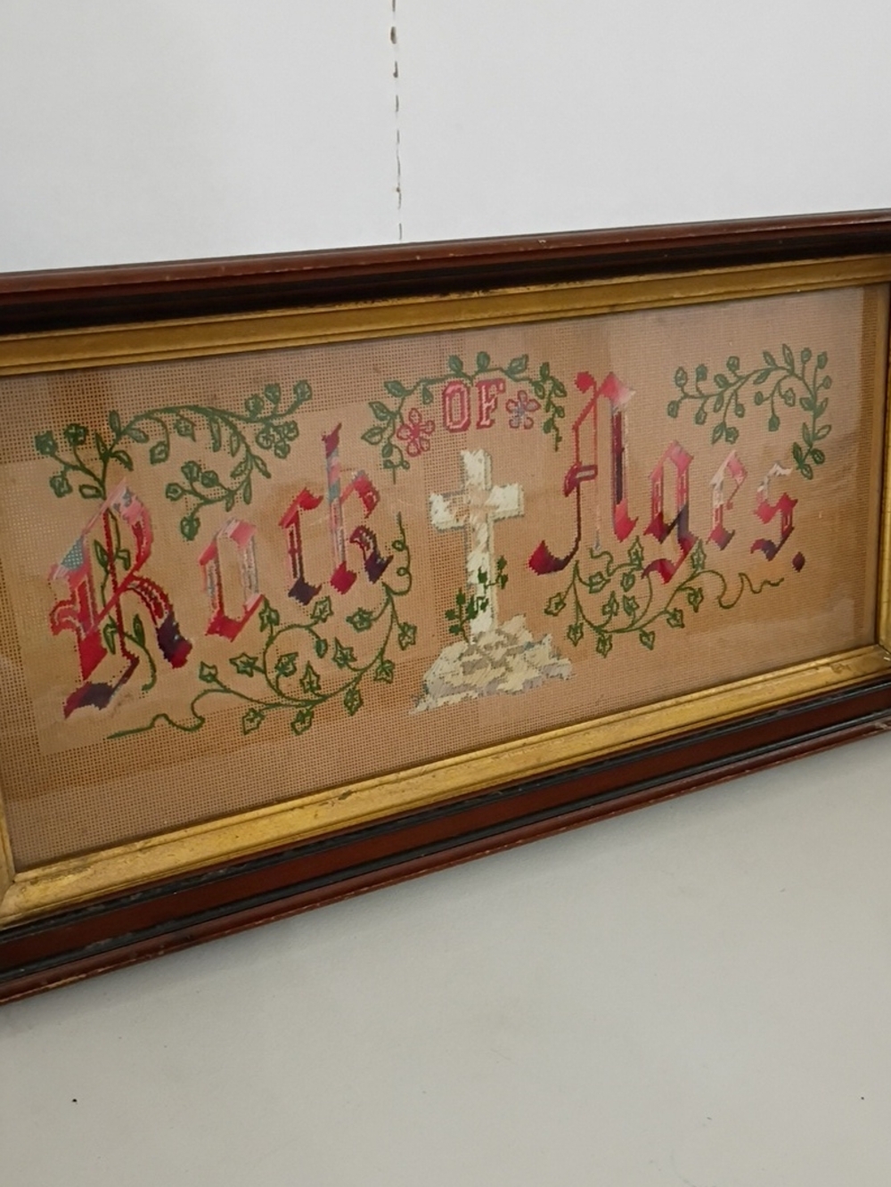 Antique Framed Cross & Floral Needlepoint "Rock Of Ages" in Red, Green, Cream
